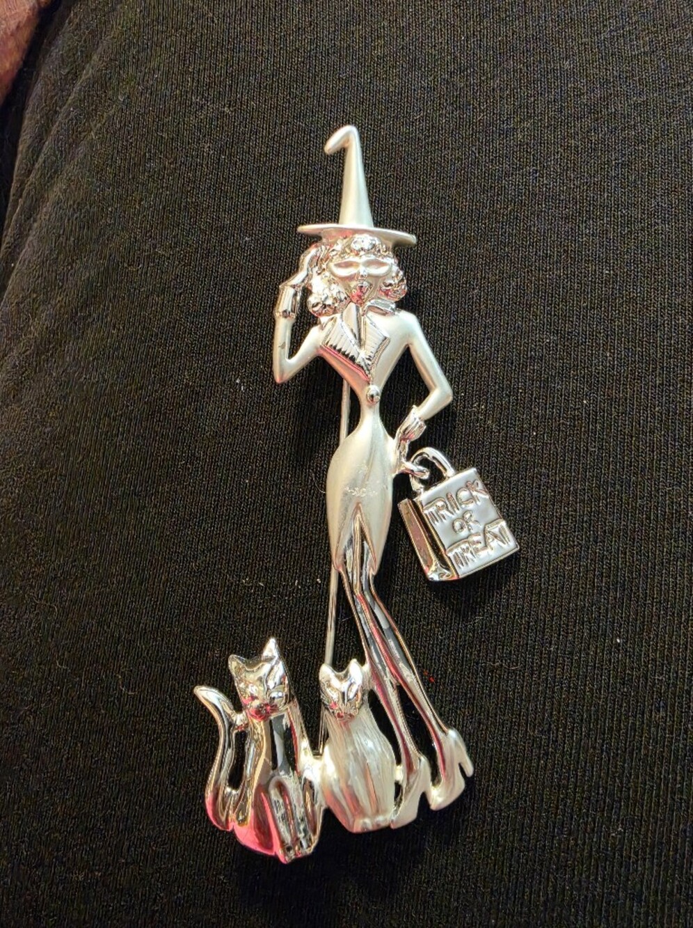 Silver Witch and Cats Brooch - Silver